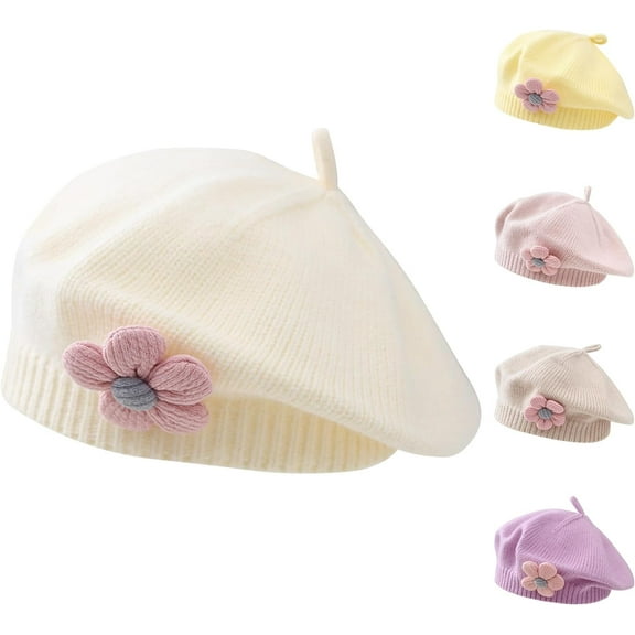 Baby Beret Hat Toddler Winter Knitted Beanie Cap with Cute Flower Little Girls French Hat for 0-3Years