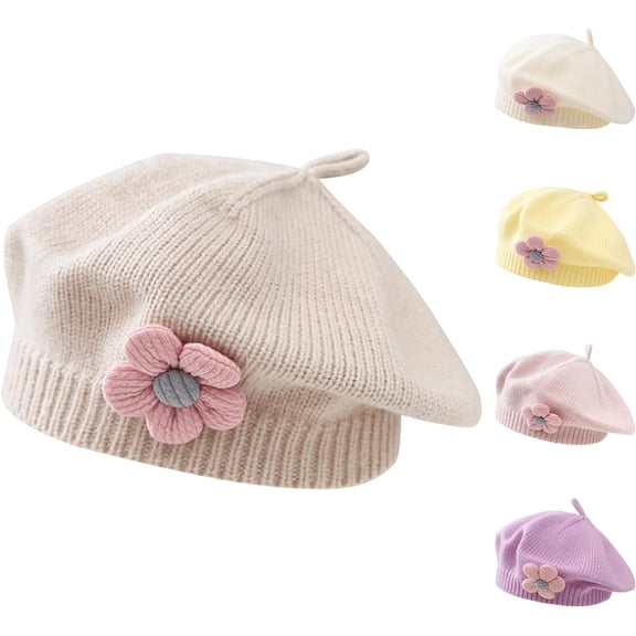 Baby Beret Hat Toddler Winter Knitted Beanie Cap with Cute Flower Little Girls French Hat for 0-3Years