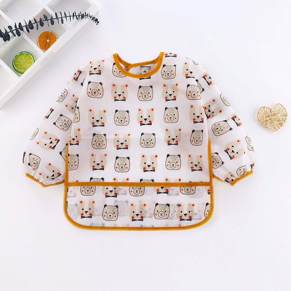 Baby Bibs Boys Gilrs Long Sleeve Cartoon Feeding Apron Waterproof Soft Bibs for Toddlers Brown