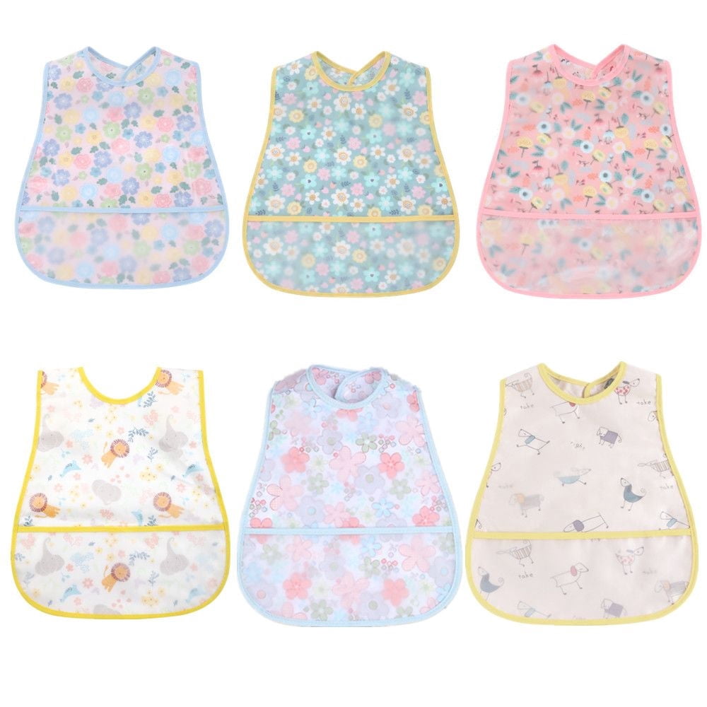 Baby Bibs Toddler Bib for Boys Girls - 6 Pack Feeding Bib with Crumb Catcher Pocket Waterproof Adjustable Snaps Washable 6-36 M