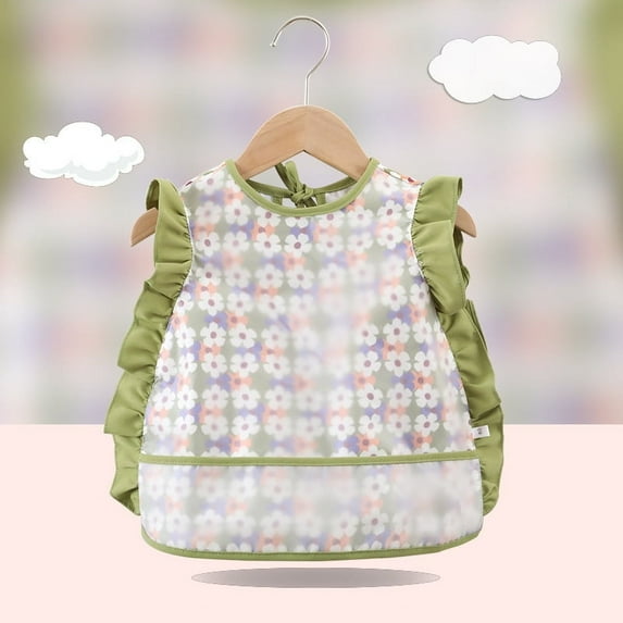 Baby Bibs Waterproof Children's Smock Floral Plaid Pattern Kids Rice Pocket Toddlers Sleeveless Apron Lace Trim (3-5 years old,Flower bib green)