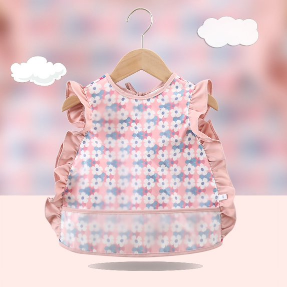 Baby Bibs Waterproof Children's Smock Floral Plaid Pattern Kids Rice Pocket Toddlers Sleeveless Apron Lace Trim (3-5 years old,Flower bib pink)