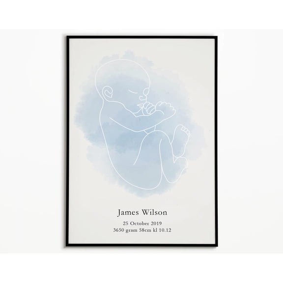 Baby Birth Stats Blue Line Art Modern Nursery Keepsake, Unframed Paper Poster 8x10in