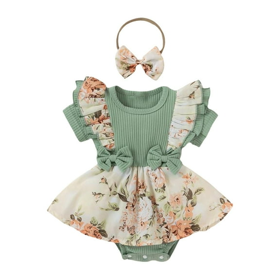 Baby Birthday Playsuit 𝐈𝐧fant Girls Romper Ruffles Short Sleeve Floral Print 𝐍ewborn Jumpsuit Bowknot Ribbed Bodysuit