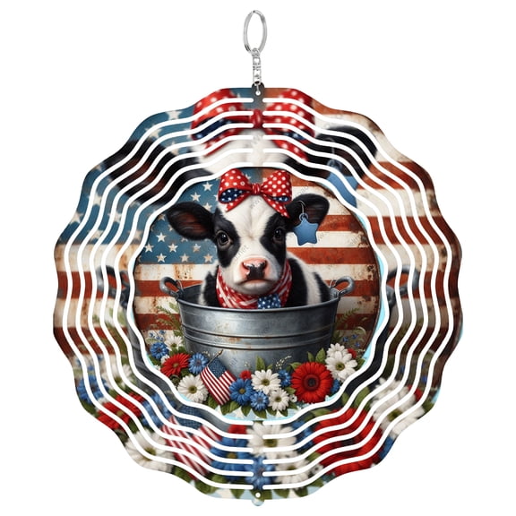 Baby Black White Cow In Washtub 3D Wind Spinner Kinetic Hanging Aluminum Farmhouse Yard Decor Round