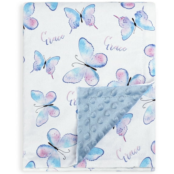 BORITAR Warm Comfort Baby Blanket Super Soft Double Layer Minky with Dotted Backing, Blue Butterfly Print, 30x40 inch