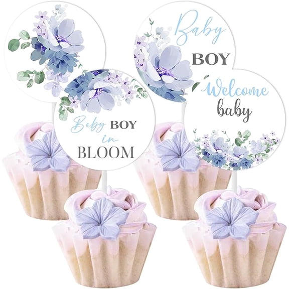 Baby in Bloom Baby Shower Decor 24pcs Ba by in Bloom Cake Topper Ba by Boy Cupcake Toppers B aby Boy in Blooms Cake Toppers Welcome Bab y Cake Decor for Blue Floral Newborn Shower
