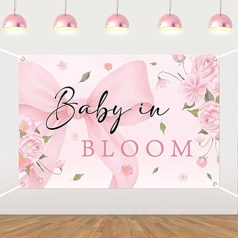Baby in Bloom Baby Shower Decorations for Girls, 5x3ft Baby in Bloom Backdrop Pink Floral Bow Photography Background for Baby Shower Pregnancy Announcement Gender Reveal Party Supplies