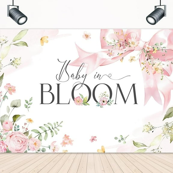 Baby in Bloom Backdrop for Pink Bow Baby Shower Girls Coquette Flower Bownot Floral Blossom Plant Leaves Girly Photography Background Decorations Photo Booth Studio Prop