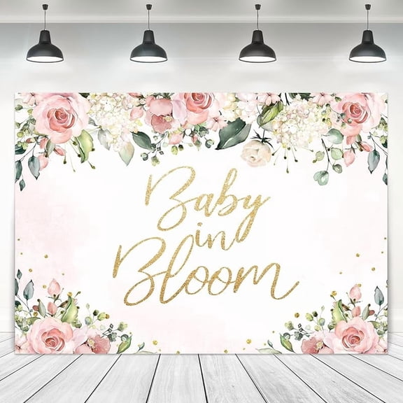 Baby in Bloom Backdrop Pink Flower Baby Shower Photography Background for Girl Rustic Floral Watercolor Rose Blossom Gold Dot Newborn Birthday Banner Party Decorations Banner Photo Booth Props