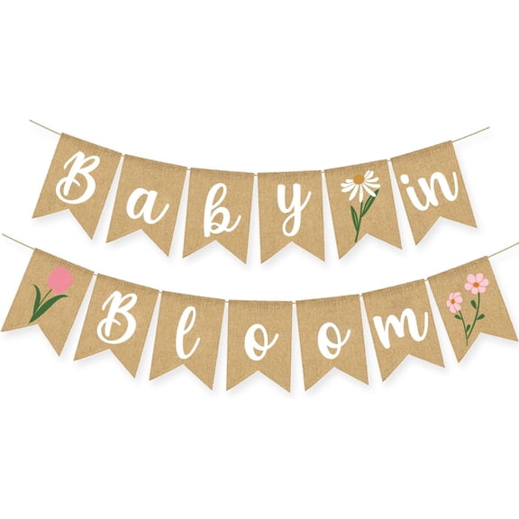 Baby in Bloom Mixed Floral Burlap Banner, White Cursive Letter Rustic Jute Pennant Garland for Spring Garden Baby Shower Gender Reveal Mantel Decor Supplies