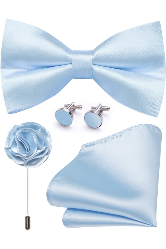 Baby Blue Bow Ties for Men Pre-tied Silk Bowtie and Pocket Square Cufflinks Lapel Pin Set Tuxedo Wedding Party 4PCS