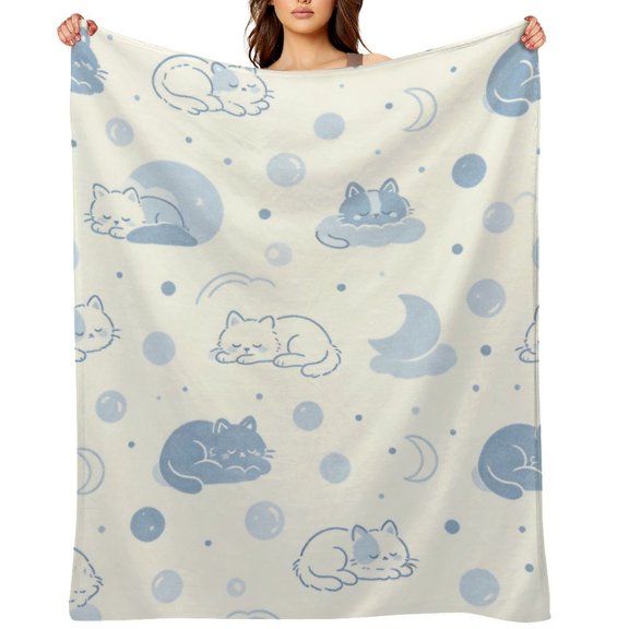 Baby Blue Cat Dot DoodleLightweight Flannel Throw Blanket, Heat Transfer Printed Non Shedding Blanket for Pets Home Outdoor Use