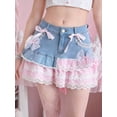 thumbnail image 1 of Baby Blue Denim Mini Skirt With Lace Ruffle Hem And Bow Embellishments, 1 of 24
