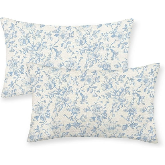 Baby Blue Floral Pillow Covers 12x20 Set of 2 Vintage Rustic Toile Chinoiserie Floral Throw Pillows Blue and Cream Flower Decorative Pillowcase Outdoor Decor Linen Cushion Case for Couch Sofa