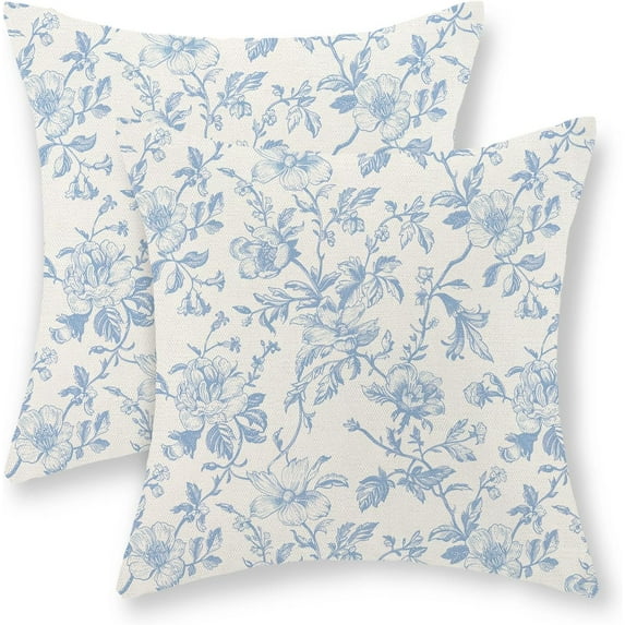 Baby Blue Floral Pillow Covers 16x16 Set of 2 Vintage Rustic Toile Chinoiserie Floral Throw Pillows Blue and Cream Flower Decorative Pillowcase Outdoor Decor Linen Cushion Case for Couch Sofa