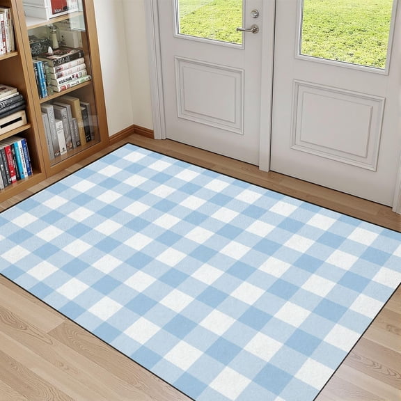 Baby Blue Gingham Area Rug, Buffalo Check Plaid Pattern Carpet, Washable Non Slip Low Pile Soft Thin, Entryway Kitchen Bathroom Bedroom Home Decor Mat 2x3ft