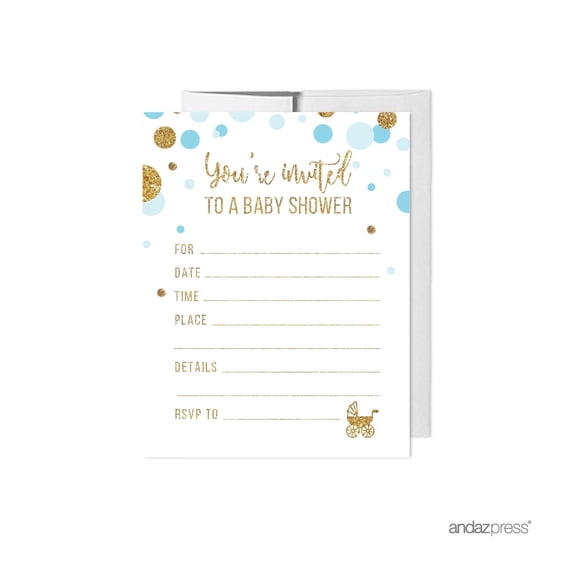 Koyal Wholesale Light Blue Gold Glitter Boy Baby Shower Paper Invitations, Blank Cards with Envelopes, 20-Pack