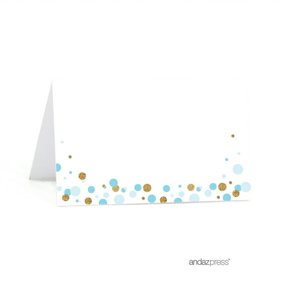 Baby Blue Gold Glitter Baby Shower Printable Table Tent Place Cards, 20-Pack