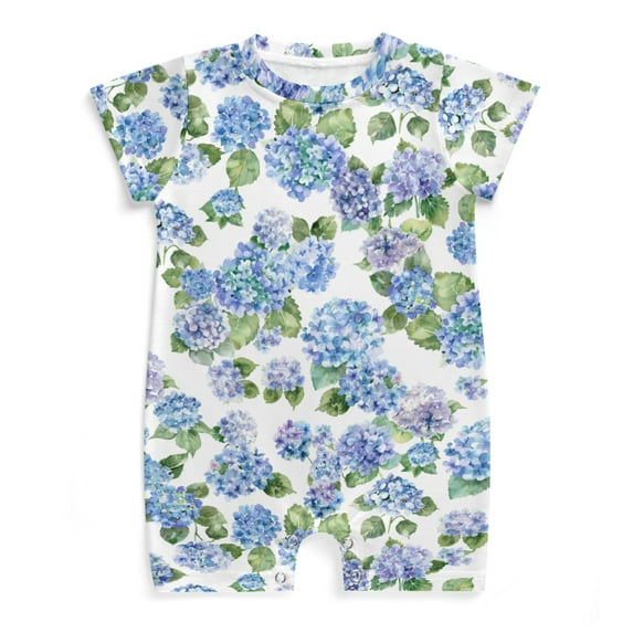 Baby Blue Hydrangea Floral Bodysuits Watercolor Hydrangea Flowers Leaves Short Sleeve One-pieces Romper for Boy Girl Cotton Bodysuit