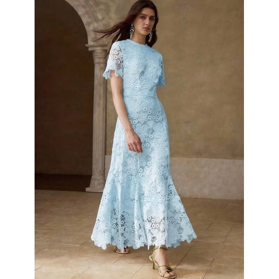 Baby Blue Lace Midi Dress With Short Sleeves And High Neck