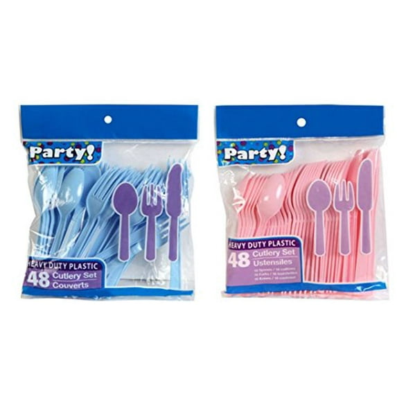 Baby Blue & Light Pink Heavy Duty Plastic Cutlery Sets - 16 Spoons, 16 Forks, 16 Knives - 2 packs of 48 each 96 pcs total - One Blue & One Pink