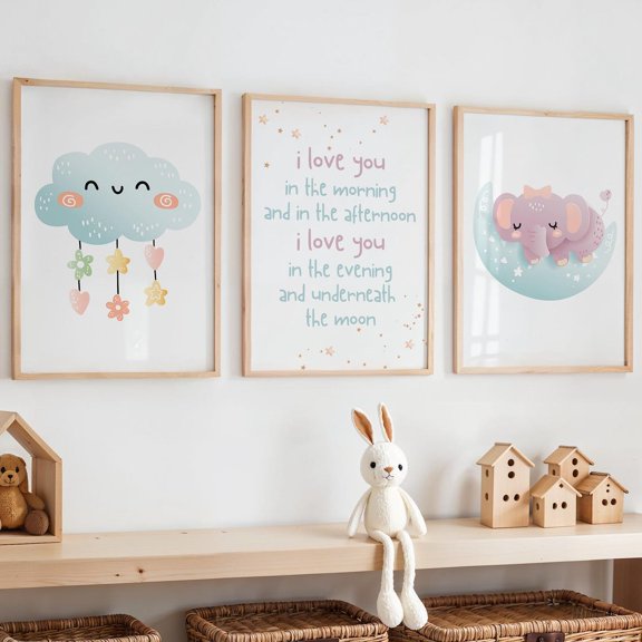 Baby Blue Nursery Decor I Love You in the Morning Cloud Moon Baby Blue Room Decor Moon Baby Elephant Set 3 Unframed Paper Print 8x12