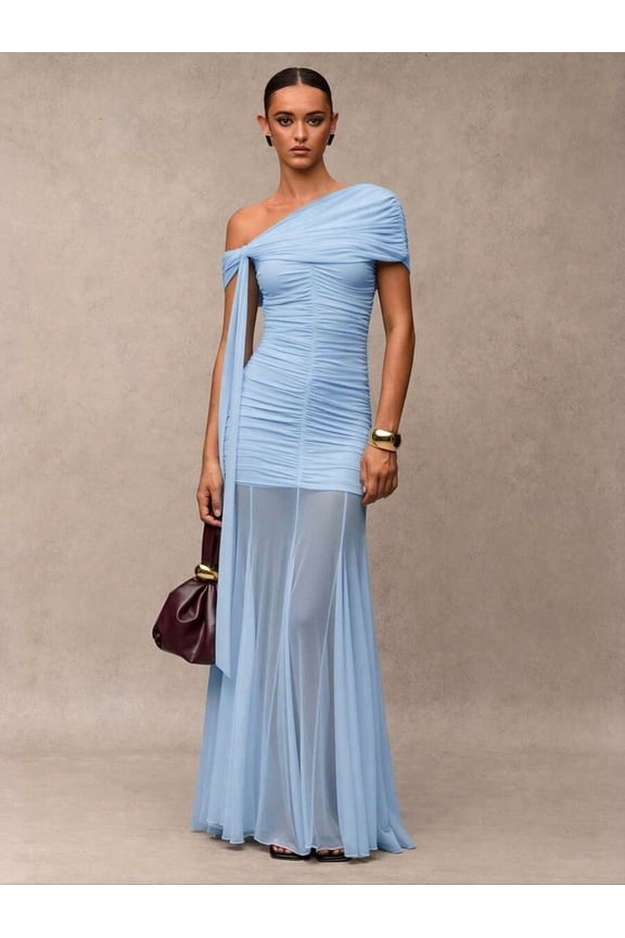 Baby Blue One-Shoulder Ruched Maxi Dress Formal Evening Gown