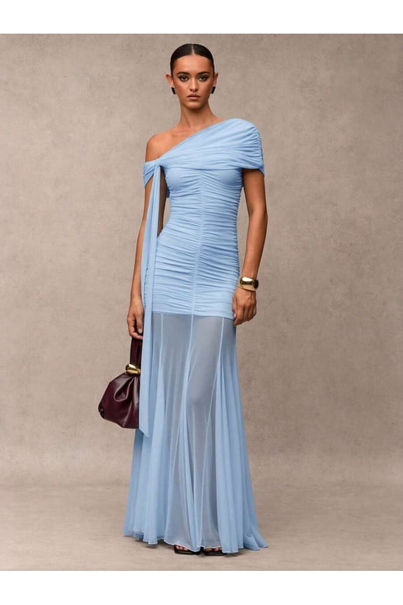 Baby Blue One-Shoulder Ruched Maxi Dress Formal Evening Gown