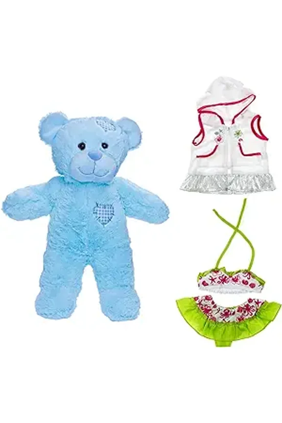 Baby Blue Patches Bear Plush Toy with Swimsuit & Coverup Dress-Up - Adorable Combo Set for Beach Fun, Soft Cuddly Play for Kids, Summer Gifts for Girls 16"