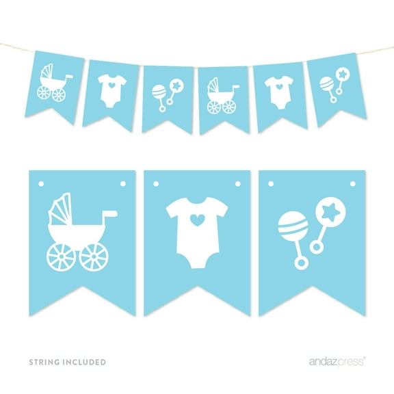Baby Blue Pennant Party Banner Baby Shower Rattles Carriage Onesie