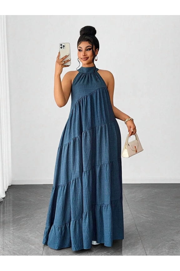 Baby Blue Plus Size Solid Ruched Halter Tiered Maxi Dress For Vacation