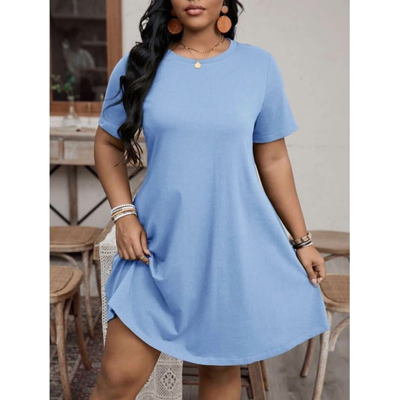 Baby Blue Plus Size Women Summer Round Neck Short Sleeve Casual Flowy A-Line T-Shirt Dress