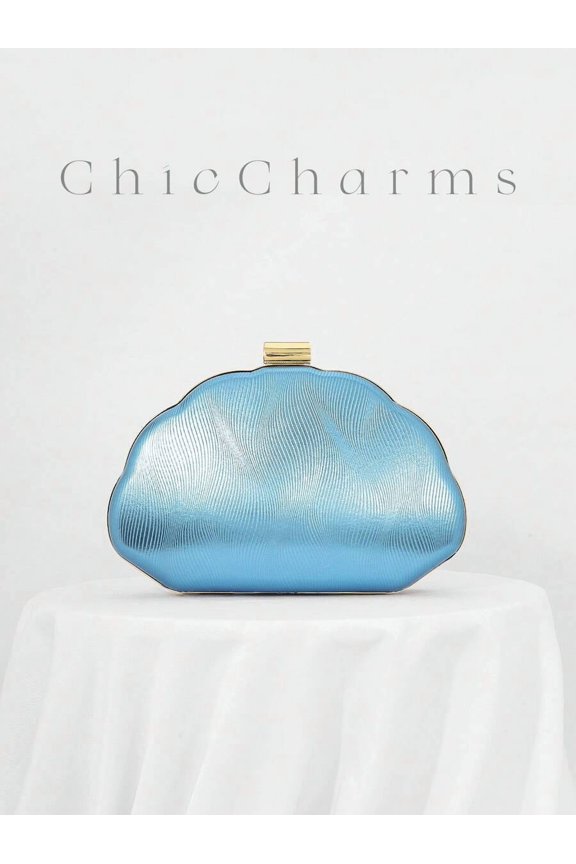 Baby Blue Ribbed Seashell Clutch Evening Bag With Gold-Tone Clasp