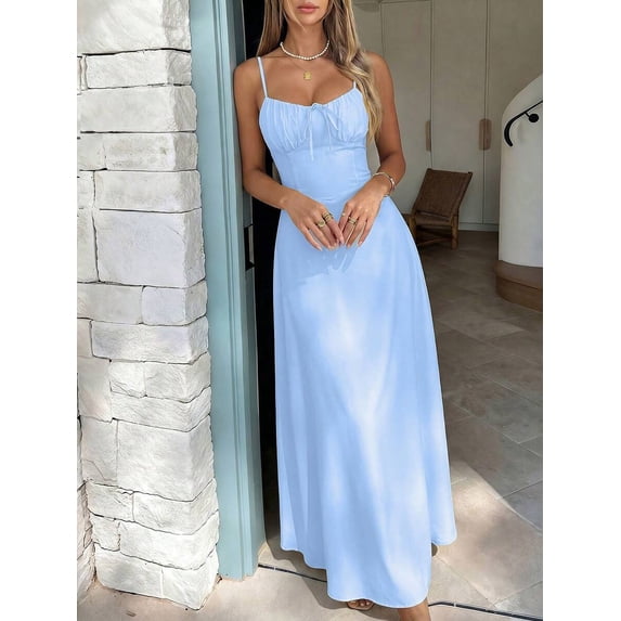Baby Blue Ruched Bust Maxi Dress With Adjustable Straps And Crisscross Back