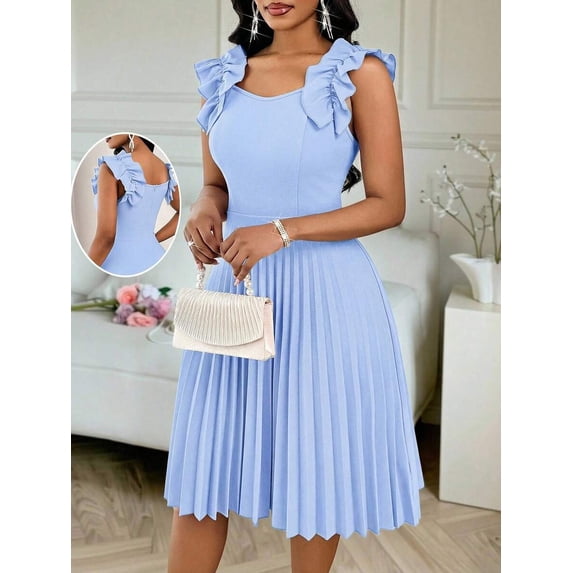 Baby Blue Ruffle Shoulder Pleated Fit & Flare Midi Dress For Women Elegant