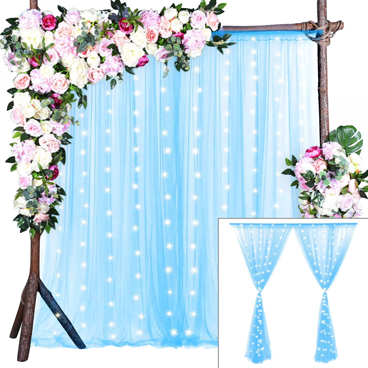 Baby Blue Sheer Tulle Backdrop Curtains with Lights String for Parites ...