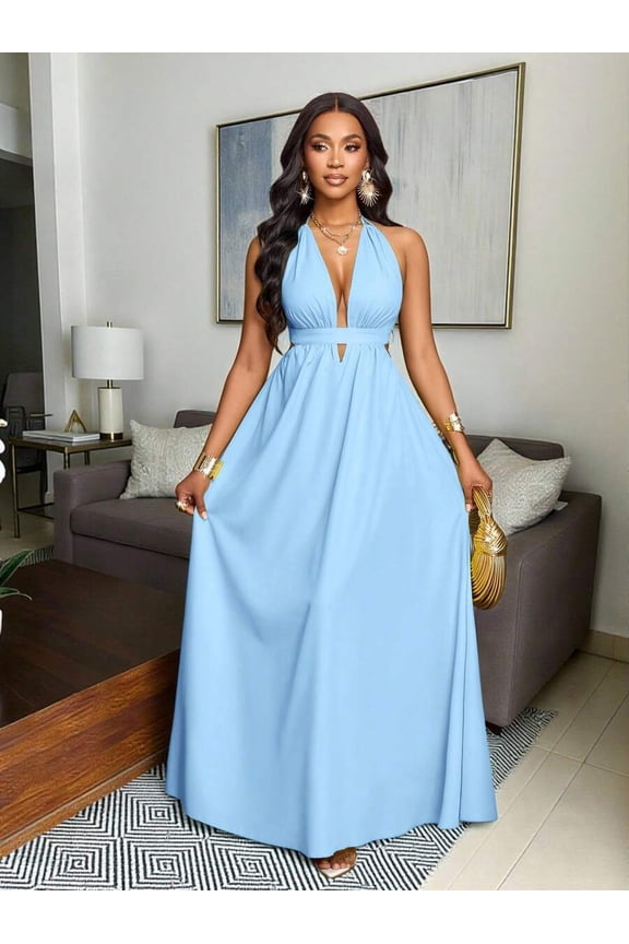 Baby Blue Solid Halter V-Neck Criss Cross Tie Backless Maxi Dress For Vacation Beach Holiday