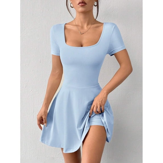 Baby Blue Square Neck Short Sleeve Fit & Flare Mini Dress With Exterior Pocket
