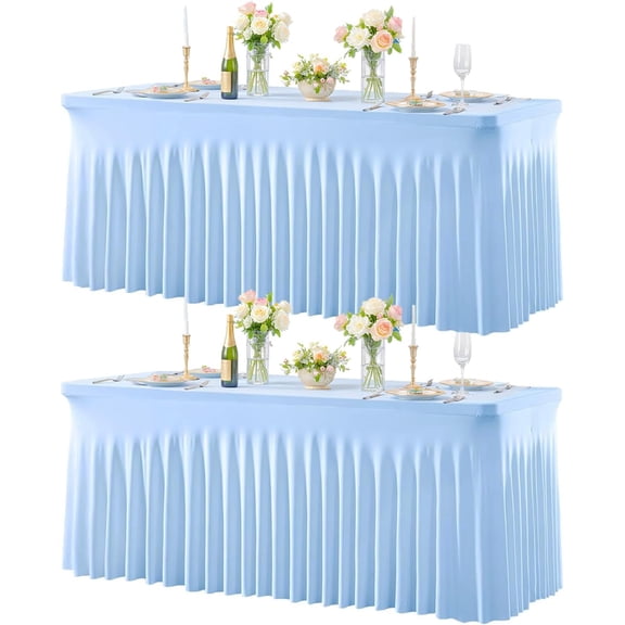 Baby Blue Table Cloth for 6 Foot Rectangle Tables Fitted Stretch Spandex Table Cover with Skirt 6ft Baby Shower Birthday Party Banquet Ruffle Tablecloth Wedding Table Cloths Desk Skirt, 2 Pack