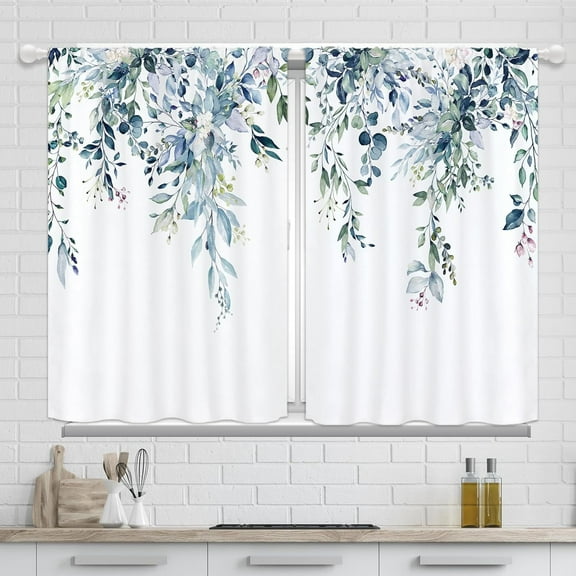 Baby Blue Teal Turquoise Kitchen Curtains 36 Inch Length Floral Flower Cafe Short Small Kitchen Curtains Over Sink Rustic Light Blue Spring Botanical Bathroom Curtains Window Treatment Drapes