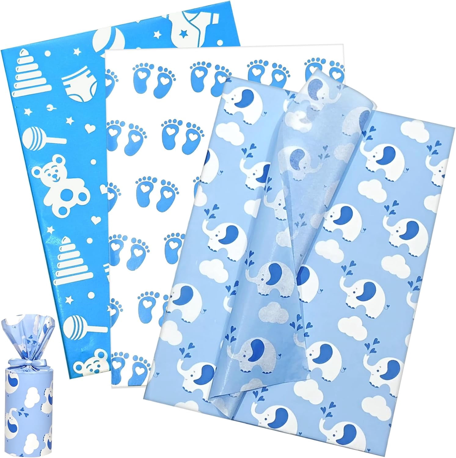 Baby Blue Tissue Paper 28x20 inch, 30 Sheets Large Baby Boy Gift Wrap Tissue Paper for Gift Bag & Packaging, Cute Elephant Footprint Cloud print Art Tissue for Baby Shower, Birthday, Anniversary Craf