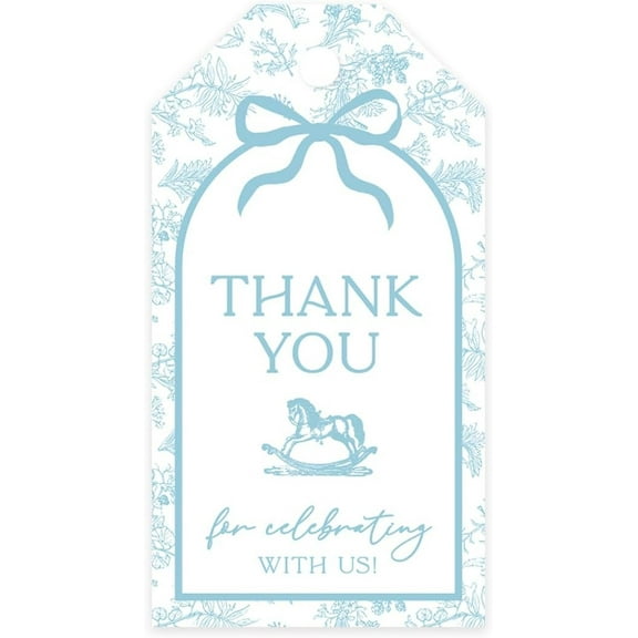 Baby Blue Toile de Jouy Baby Shower Thank You Tags with String, French Vintage Lace Chinoiserie Party Favors, 20 Pack