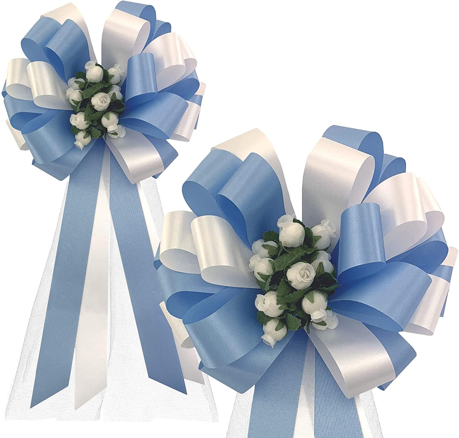 Baby Blue & White Pull Bows with Tulle Tails & Rosebuds - 8" Wide, Set of 6, Wedding, Reception, Pew Bows