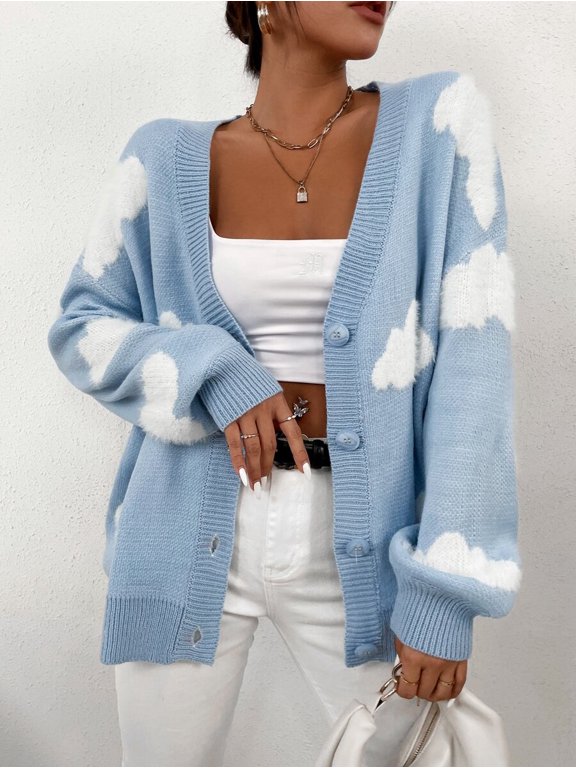 Baby Blue Womens Drop Shoulder Cloud Pattern Cardigan, Long Sleeve Knit