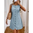 thumbnail image 1 of Baby Blue Womens Sleeveless Button-Front Pocket Mini Dress, 100% Cotton Casual Summer Dress, 1 of 7