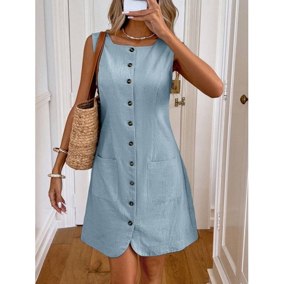 Baby Blue Womens Sleeveless Button-Front Pocket Mini Dress, 100% Cotton Casual Summer Dress