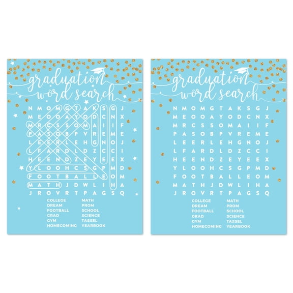 Koyal Wholesale Baby Blue and Gold Glittering Graduation Party Collection, Word Search Graduation Game Cards, 20-Pack