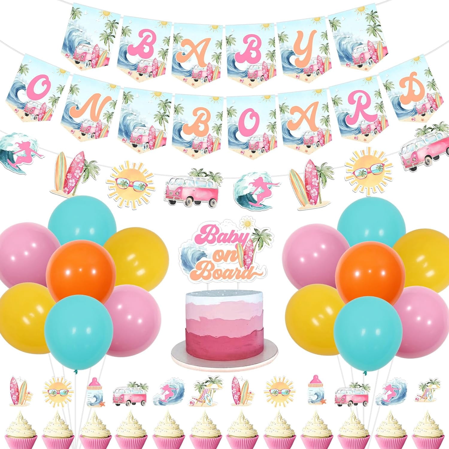 Baby On Board Surf Theme Baby Shower Decorations – Banner, Garland, Cake Topper & Balloons Set - View #5