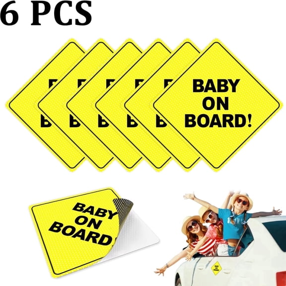 Baby On Board Signs for Car,6 Pack - Baby On Board Sticker, Car Essentials, Best Kids Safety Signs, 5" By 5" - Bright Yellow and See-Through When Reversing - Non Magnet - Durable Strong Adhesive